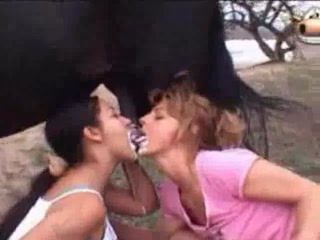Horse cum with horny two girls 
